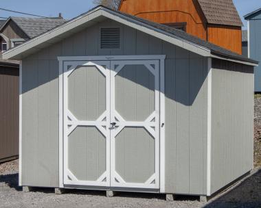 10x12 Front Entry Peak Style Storage Shed with Light Grey Engineered LP Smart Side Siding, White Trim, Double Doors, and Gable End Vents